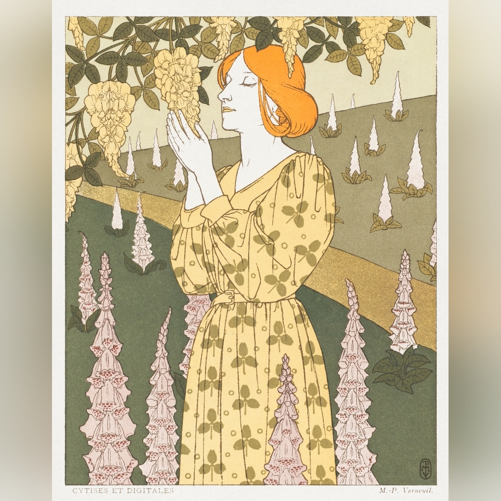 Art Nouveau Woman in Floral Dress Print